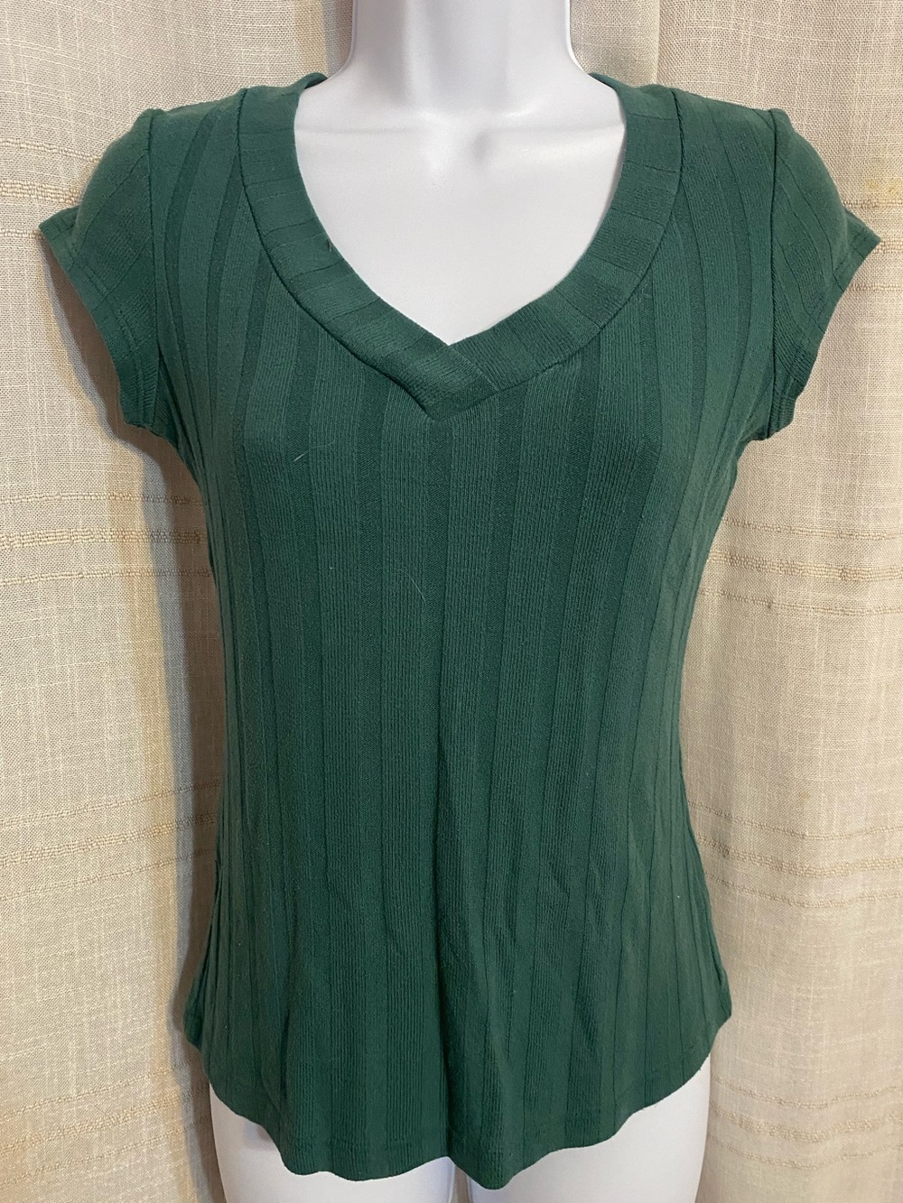 Vintage Lipstick Forest Green Ribbed Cap Sleeve V Neck Top Small S 2001 2002 Y2K